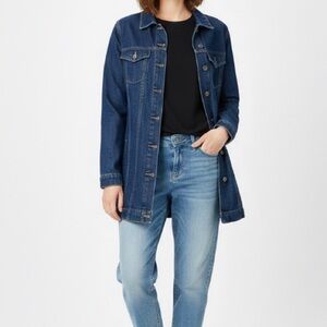 F21 Long Denim Jean Jacket Size Small Dark Wash Button Up